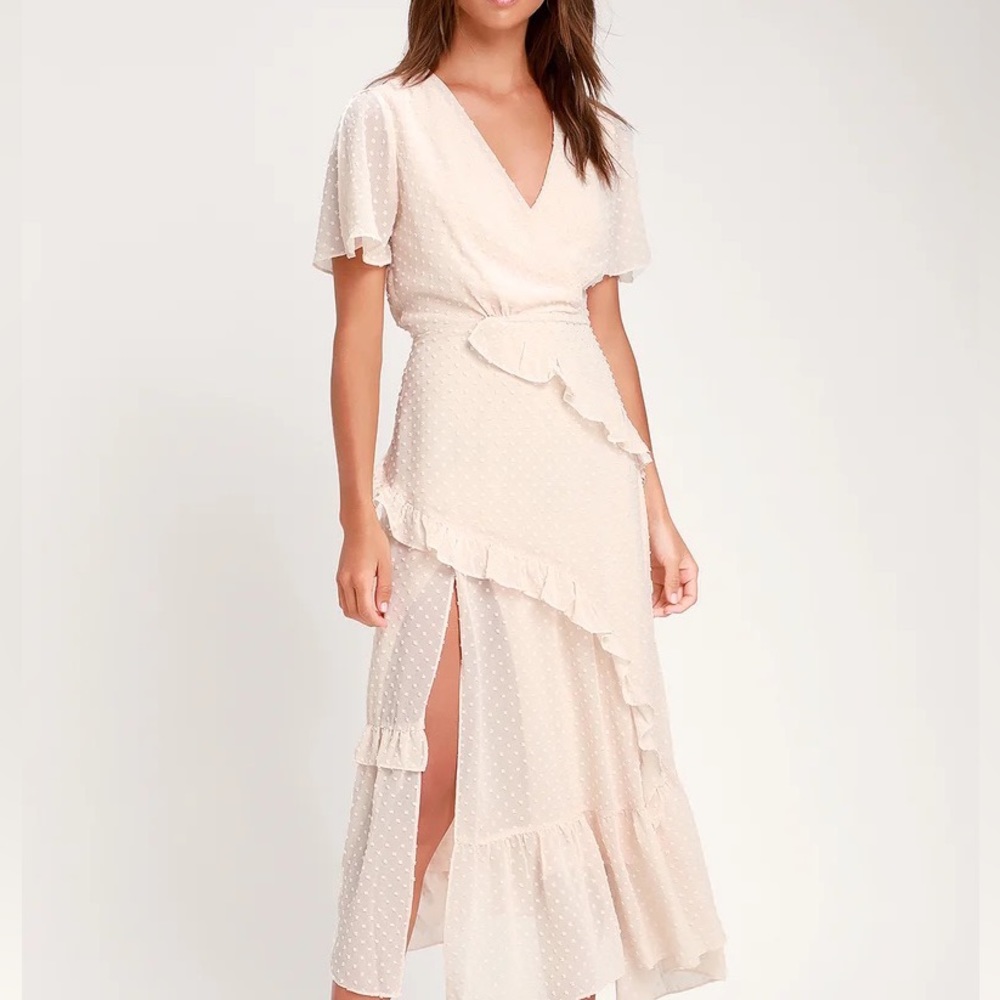 Lulus Cream Swiss Dot Ruffled Midi Dress